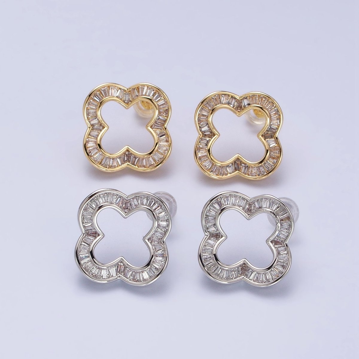 16K Gold Filled Clear Baguette Open Quatrefoil Clover Stud Earrings in Gold & Silver | AB358 AB359 - DLUXCA