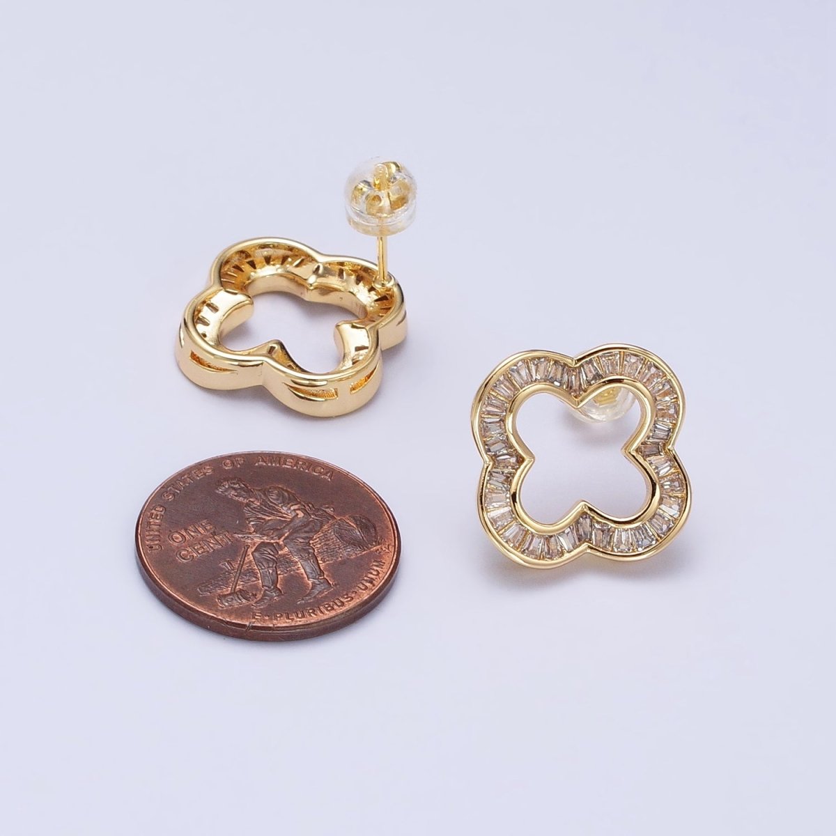 16K Gold Filled Clear Baguette Open Quatrefoil Clover Stud Earrings in Gold & Silver | AB358 AB359 - DLUXCA