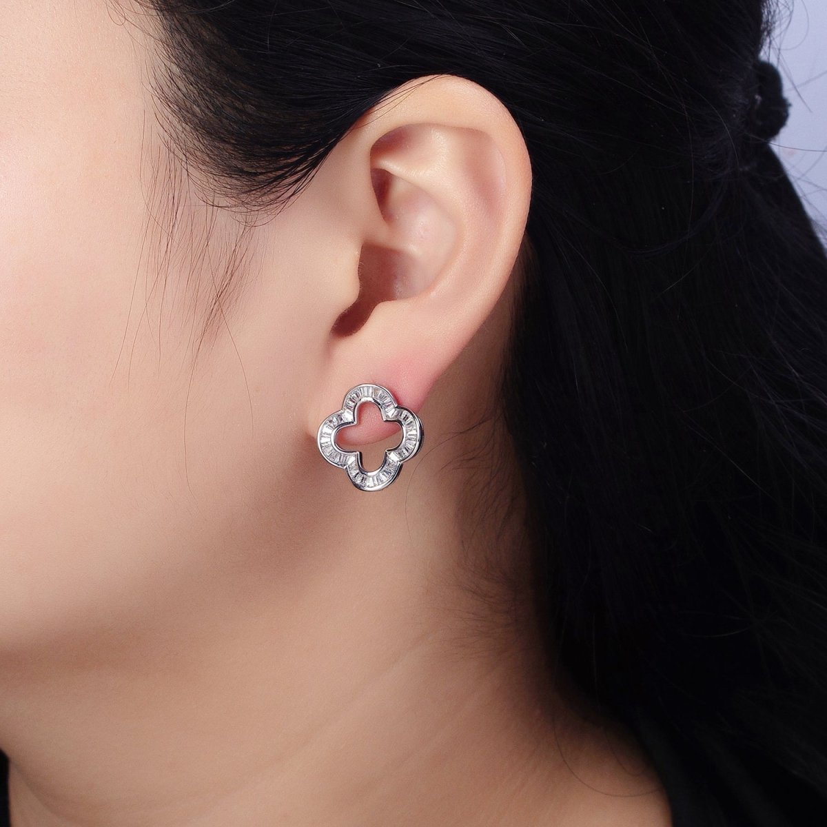 16K Gold Filled Clear Baguette Open Quatrefoil Clover Stud Earrings in Gold & Silver | AB358 AB359 - DLUXCA