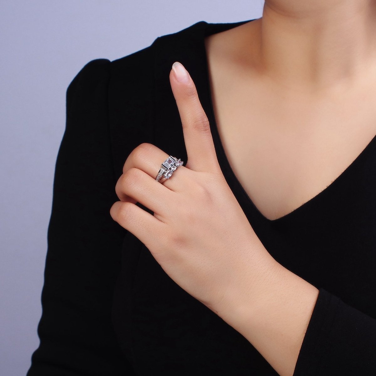 16K Gold Filled Clear Baguette Oval Micro Paved Double Band Ring in Gold & Silver | O-1611 O-1612 - DLUXCA