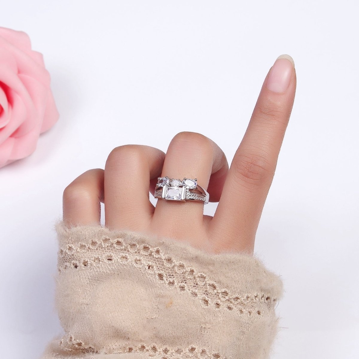 16K Gold Filled Clear Baguette Oval Micro Paved Double Band Ring in Gold & Silver | O-1611 O-1612 - DLUXCA