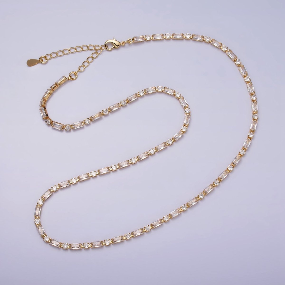 16K Gold Filled Clear, Black, Checkered 2.5mm Baguette Round CZ 17 Inch Tennis Chain Necklace | WA-1778 - WA-1840 Clearance Pricing - DLUXCA