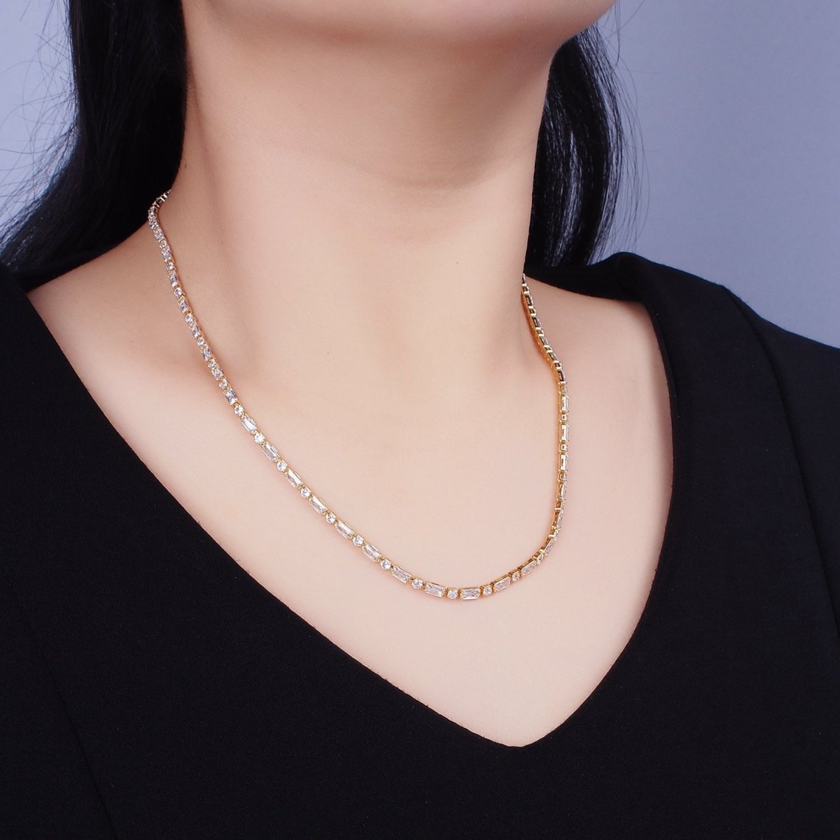 16K Gold Filled Clear, Black, Checkered 2.5mm Baguette Round CZ 17 Inch Tennis Chain Necklace | WA-1778 - WA-1840 Clearance Pricing - DLUXCA