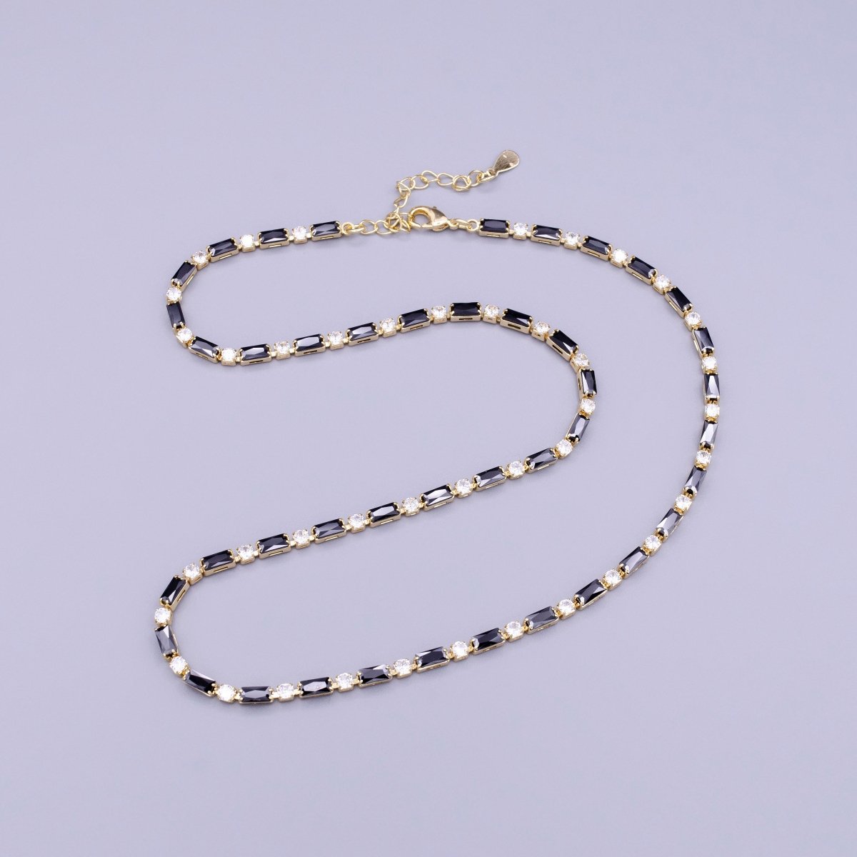 16K Gold Filled Clear, Black, Checkered 2.5mm Baguette Round CZ 17 Inch Tennis Chain Necklace | WA-1778 - WA-1840 Clearance Pricing - DLUXCA