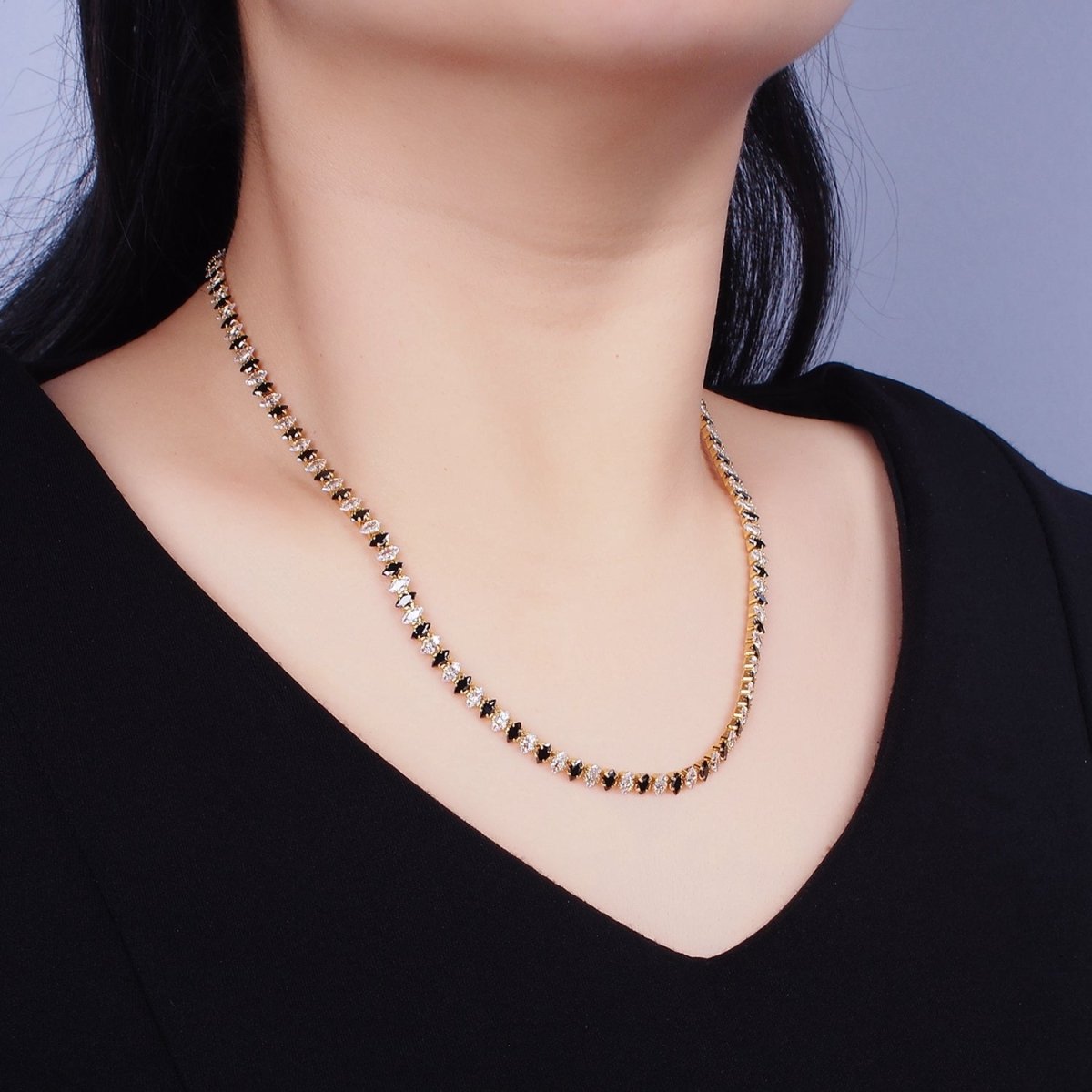 16K Gold Filled Clear, Black, Checkered 5mm Marquise CZ 17 Inch Tennis Chain Necklace | WA-1767 - WA-1769 Clearance Pricing - DLUXCA