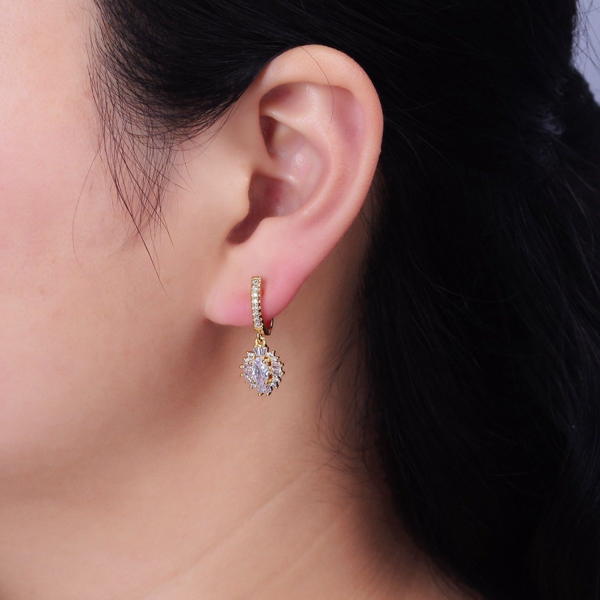 16K Gold Filled Clear Celestial Oval Baguette Drop Micro Paved English Lock Earrings in Gold & Silver | Y-887 Y-888 - DLUXCA