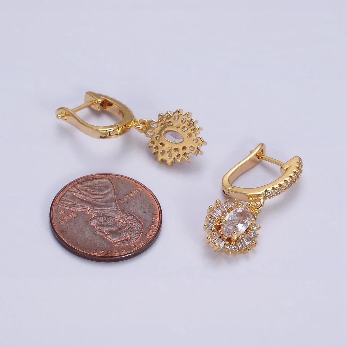 16K Gold Filled Clear Celestial Oval Baguette Drop Micro Paved English Lock Earrings in Gold & Silver | Y-887 Y-888 - DLUXCA