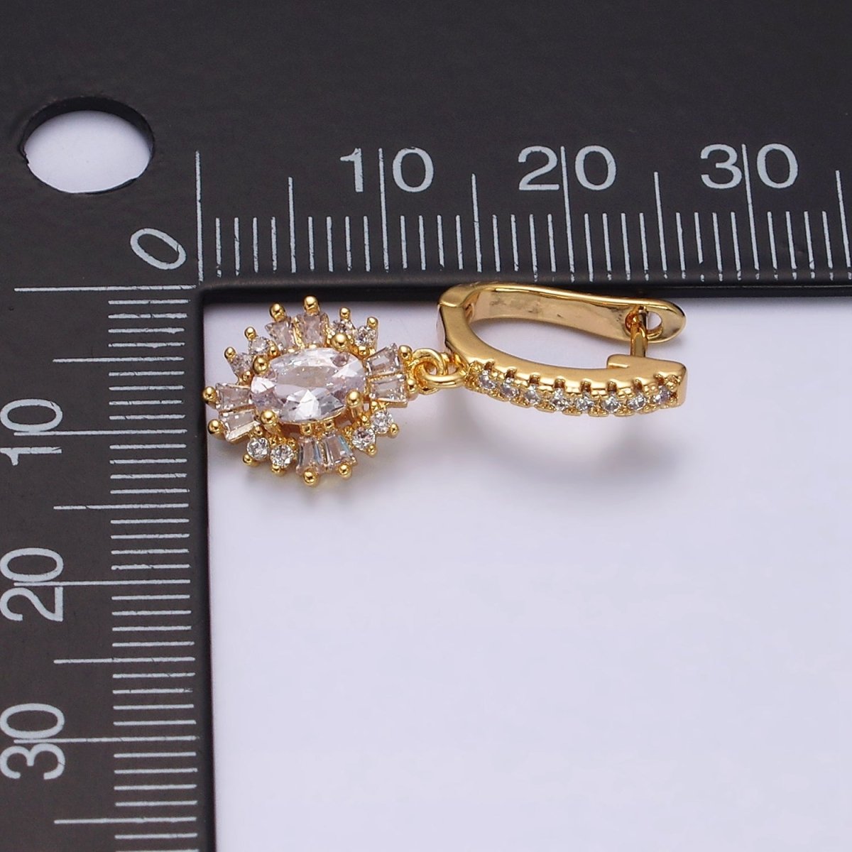 16K Gold Filled Clear Celestial Oval Baguette Drop Micro Paved English Lock Earrings in Gold & Silver | Y-887 Y-888 - DLUXCA