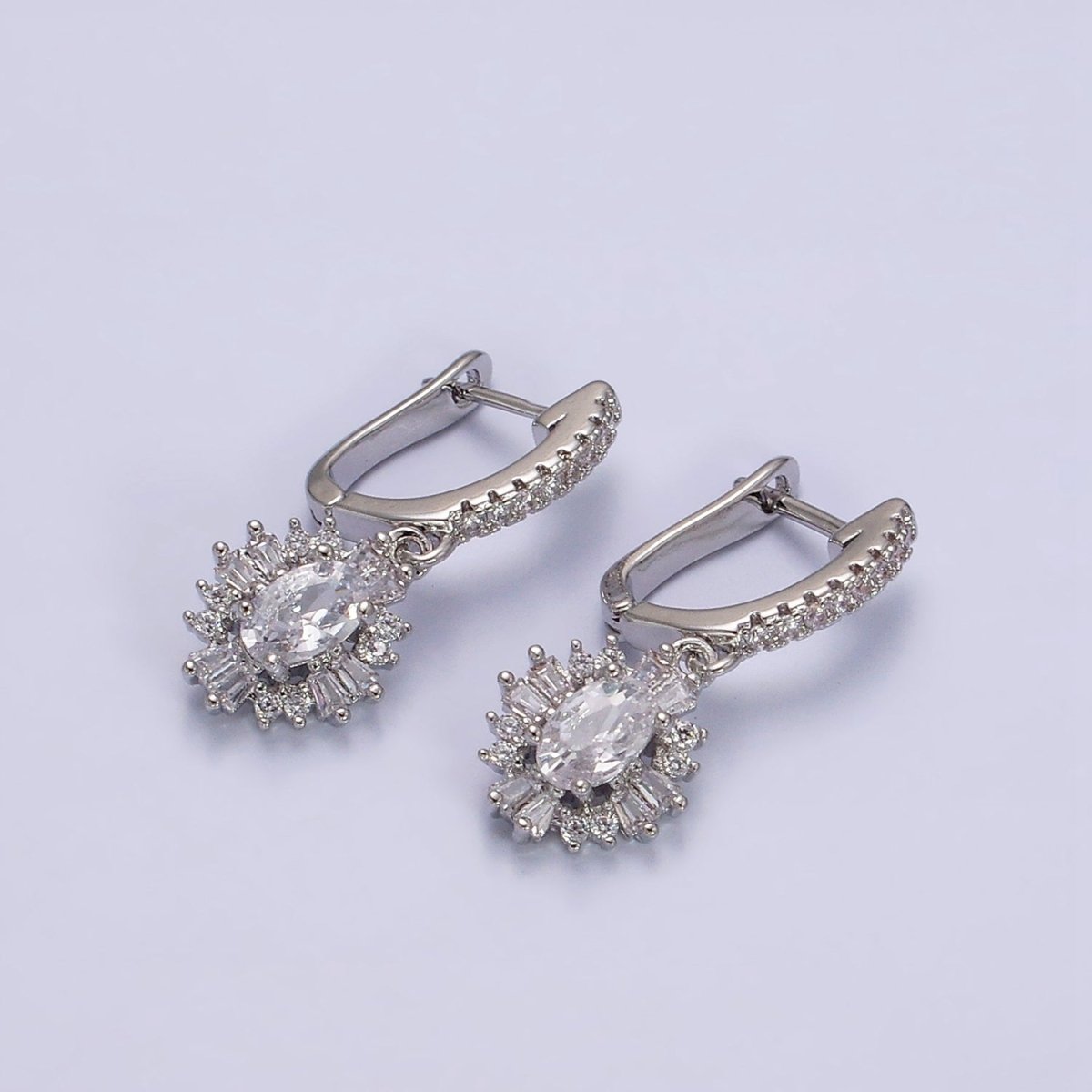 16K Gold Filled Clear Celestial Oval Baguette Drop Micro Paved English Lock Earrings in Gold & Silver | Y-887 Y-888 - DLUXCA