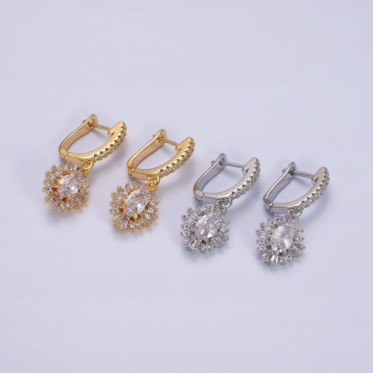 16K Gold Filled Clear Celestial Oval Baguette Drop Micro Paved English Lock Earrings in Gold & Silver | Y-887 Y-888 - DLUXCA