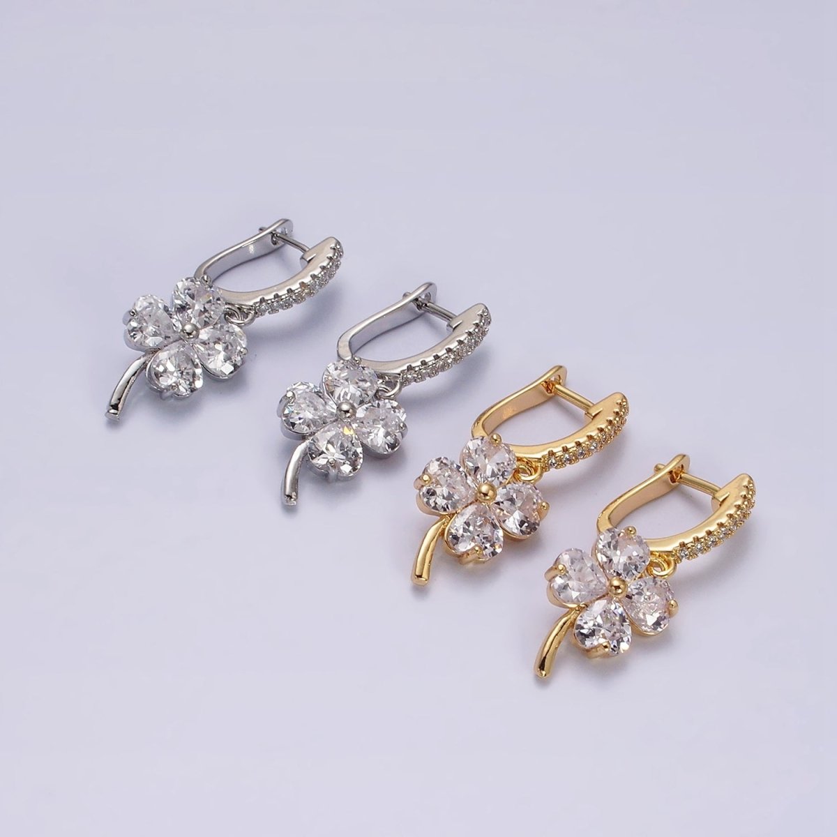 16K Gold Filled Clear Clover Quatrefoil Leaf Drop Micro Paved English Lock Earrings in Gold & Silver | Y-879 Y-880 - DLUXCA