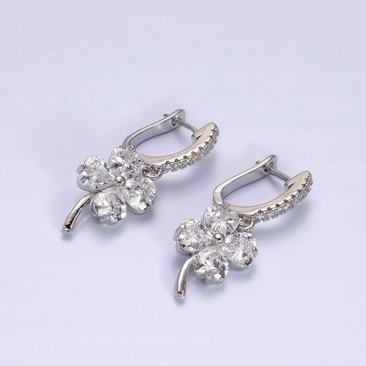 16K Gold Filled Clear Clover Quatrefoil Leaf Drop Micro Paved English Lock Earrings in Gold & Silver | Y-879 Y-880 - DLUXCA