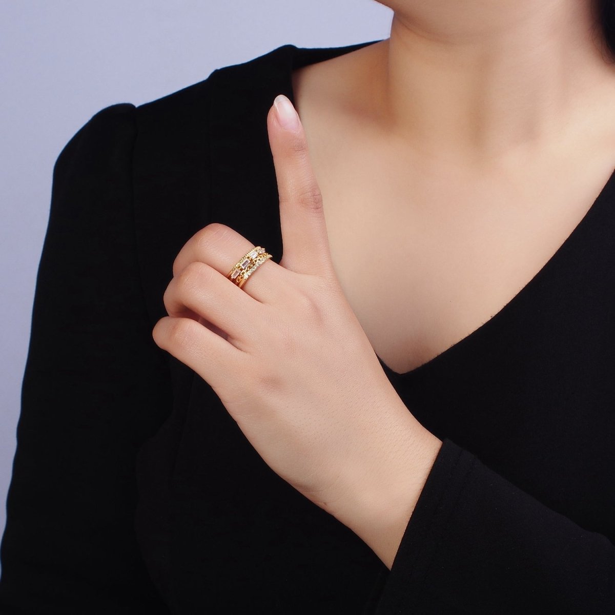 16K Gold Filled Clear CZ Baguette Cable Link Micro Paved Multiple Band Ring in Gold & Silver | O-1595 O-1596 - DLUXCA