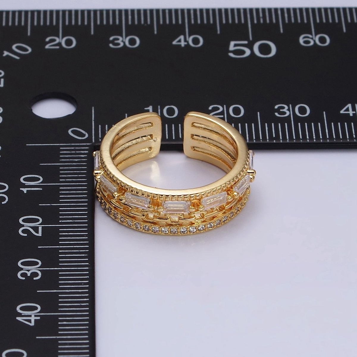 16K Gold Filled Clear CZ Baguette Cable Link Micro Paved Multiple Band Ring in Gold & Silver | O-1595 O-1596 - DLUXCA