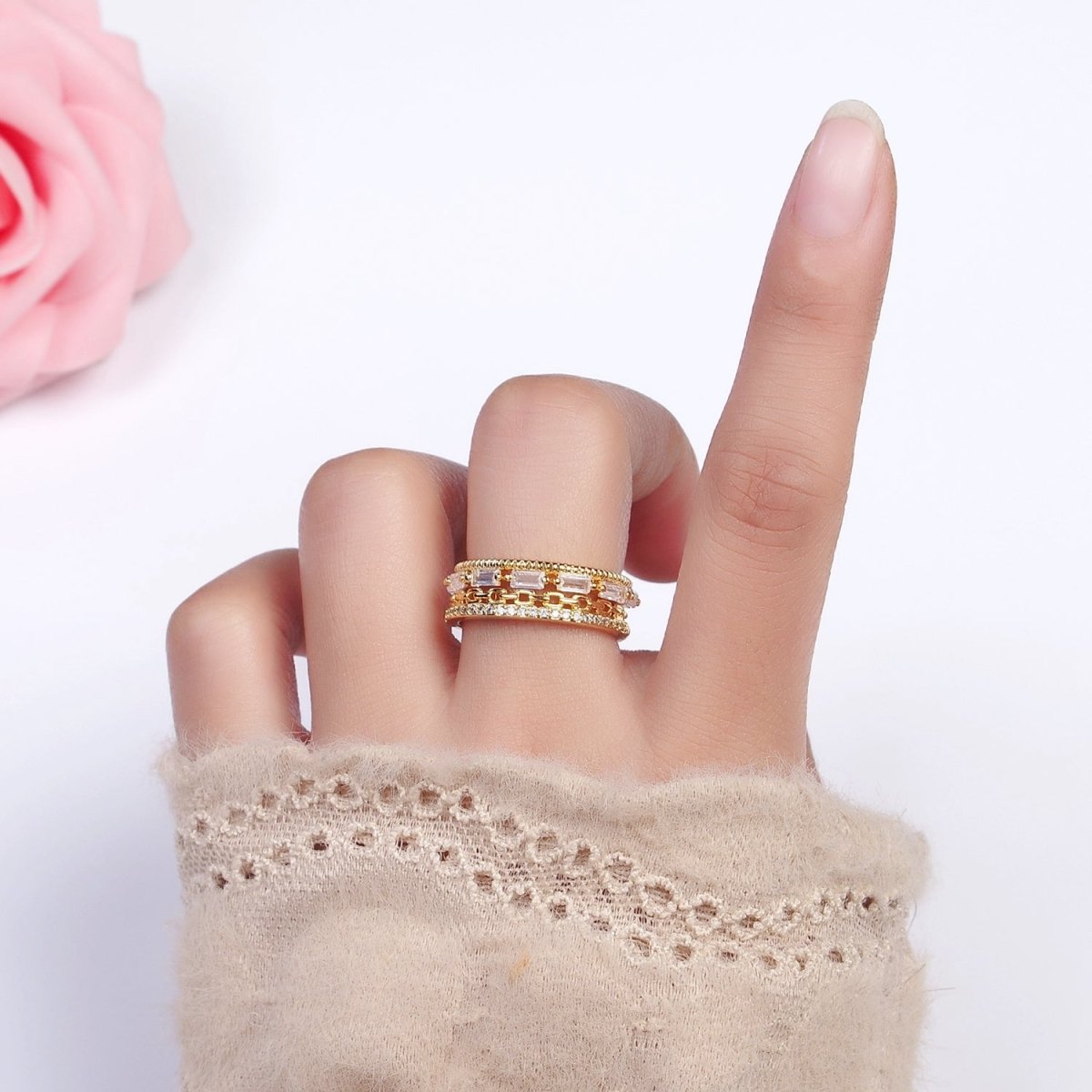 16K Gold Filled Clear CZ Baguette Cable Link Micro Paved Multiple Band Ring in Gold & Silver | O-1595 O-1596 - DLUXCA