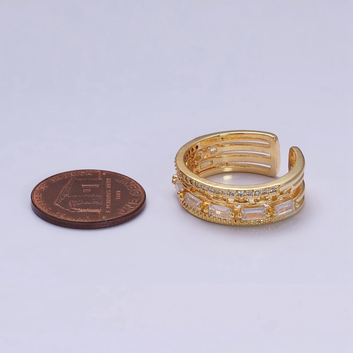 16K Gold Filled Clear CZ Baguette Cable Link Micro Paved Multiple Band Ring in Gold & Silver | O-1595 O-1596 - DLUXCA