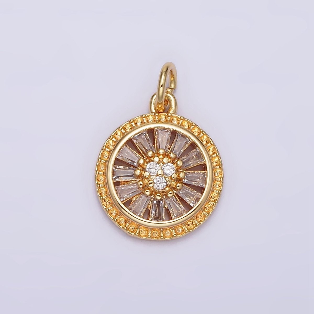 16K Gold Filled Clear CZ Baguette Open Dotted Outline Round Charm | N939 - DLUXCA
