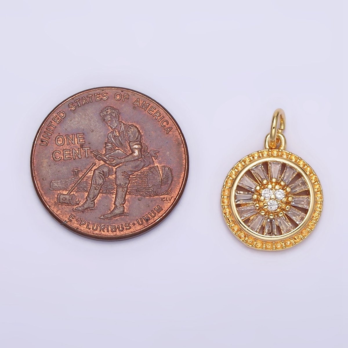 16K Gold Filled Clear CZ Baguette Open Dotted Outline Round Charm | N939 - DLUXCA