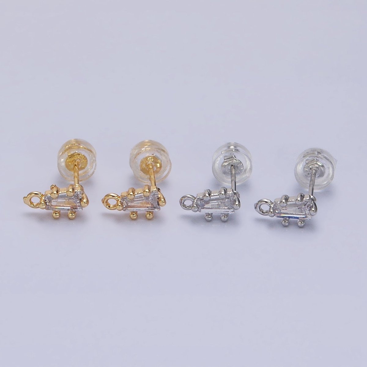 16K Gold Filled Clear CZ Baguette Triangle Open Loop Stud Earrings Supply in Gold & Silver | Z-373 Z-374 - DLUXCA