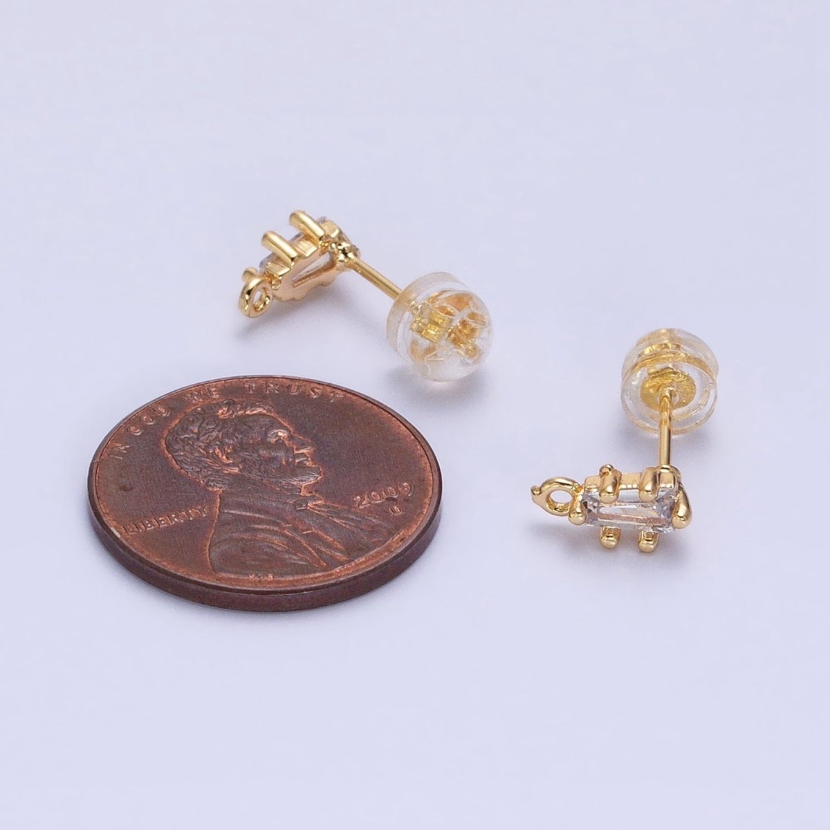 16K Gold Filled Clear CZ Baguette Triangle Open Loop Stud Earrings Supply in Gold & Silver | Z-373 Z-374 - DLUXCA