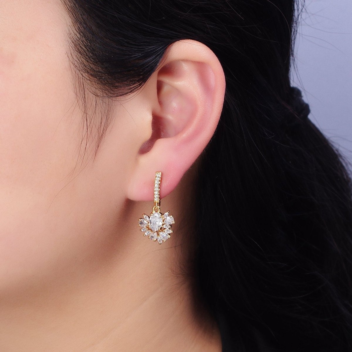 16K Gold Filled Clear CZ Celestial Sunburst Micro Paved English Lock Earrings in Gold & Silver | AD835 AD836 - DLUXCA