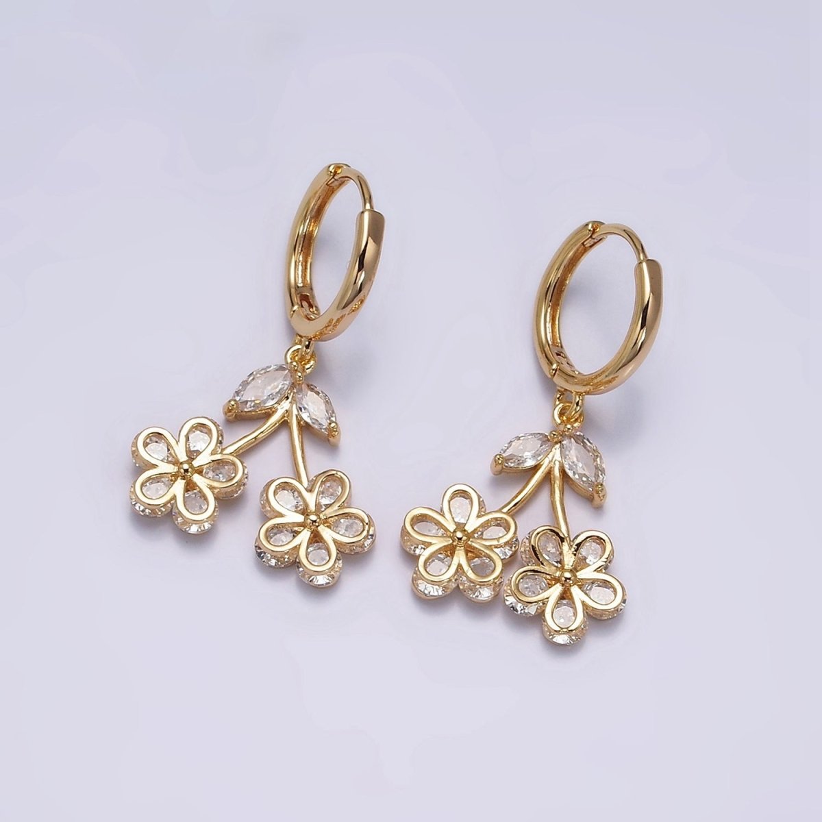 16K Gold Filled Clear CZ Cherry Flower Drop Huggie Earrings | AE830 - DLUXCA