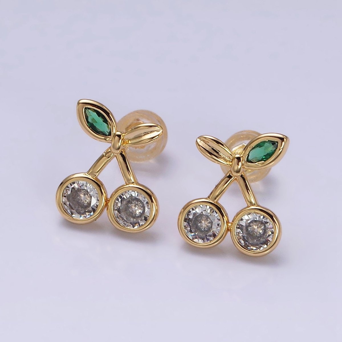 16K Gold Filled Clear CZ Cherry Fruit Green Leaf Stud Earrings in Gold & Silver | AD974 AD975 - DLUXCA