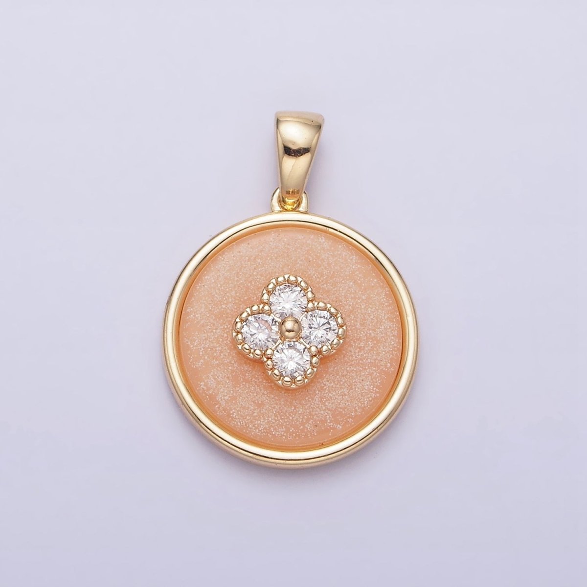 16K Gold Filled Clear CZ Clover Quatrefoil Peach Orange Cat's Eye Pendant | AA536 - DLUXCA