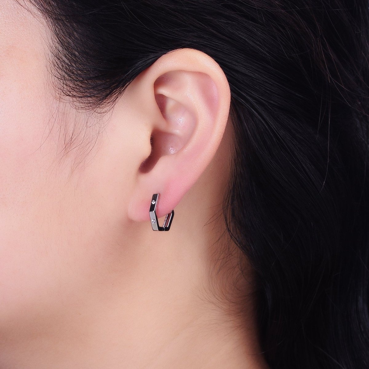 16K Gold Filled Clear CZ Dot Hexagonal Huggie Earrings in Gold & Silver | AB948 AB895 - DLUXCA