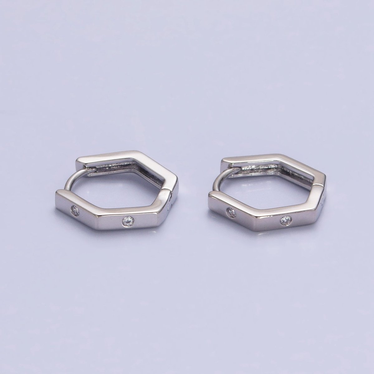 16K Gold Filled Clear CZ Dot Hexagonal Huggie Earrings in Gold & Silver | AB948 AB895 - DLUXCA