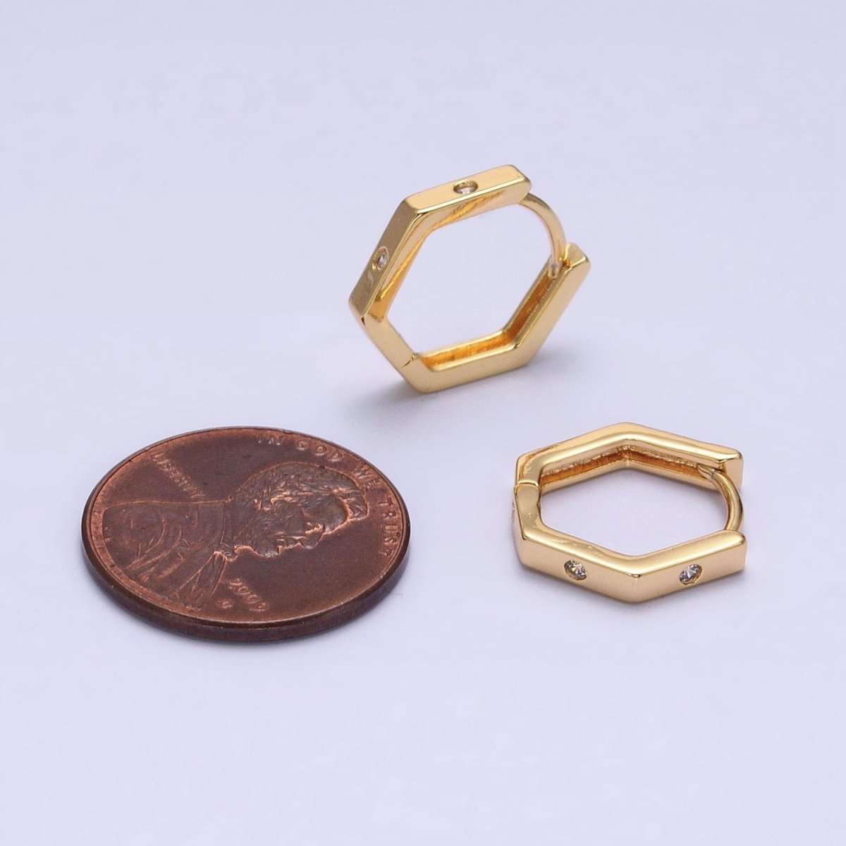 16K Gold Filled Clear CZ Dot Hexagonal Huggie Earrings in Gold & Silver | AB948 AB895 - DLUXCA