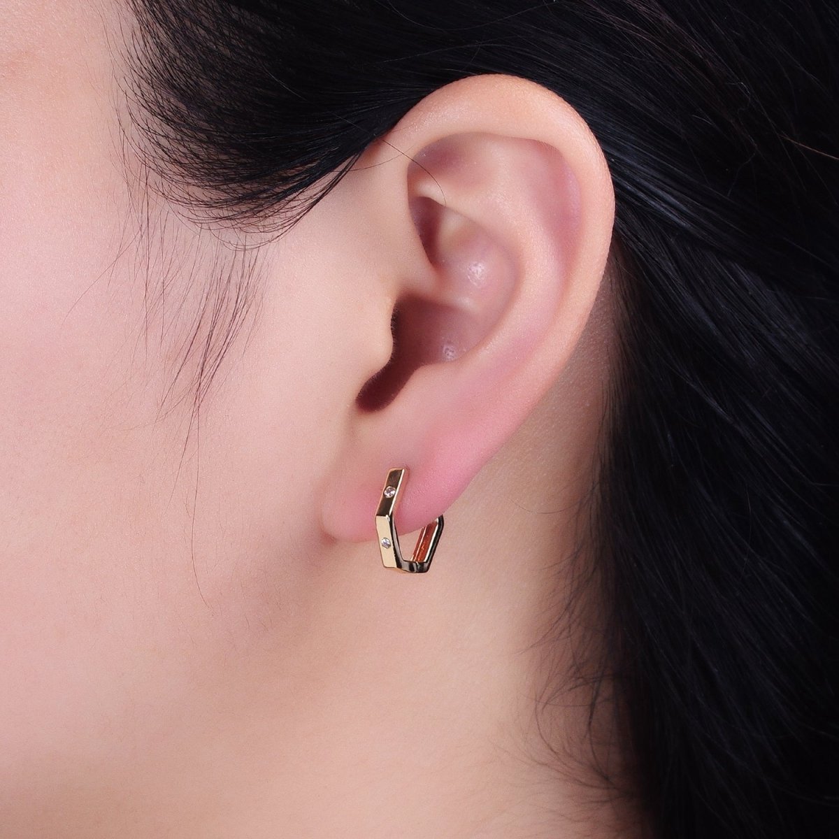 16K Gold Filled Clear CZ Dot Hexagonal Huggie Earrings in Gold & Silver | AB948 AB895 - DLUXCA