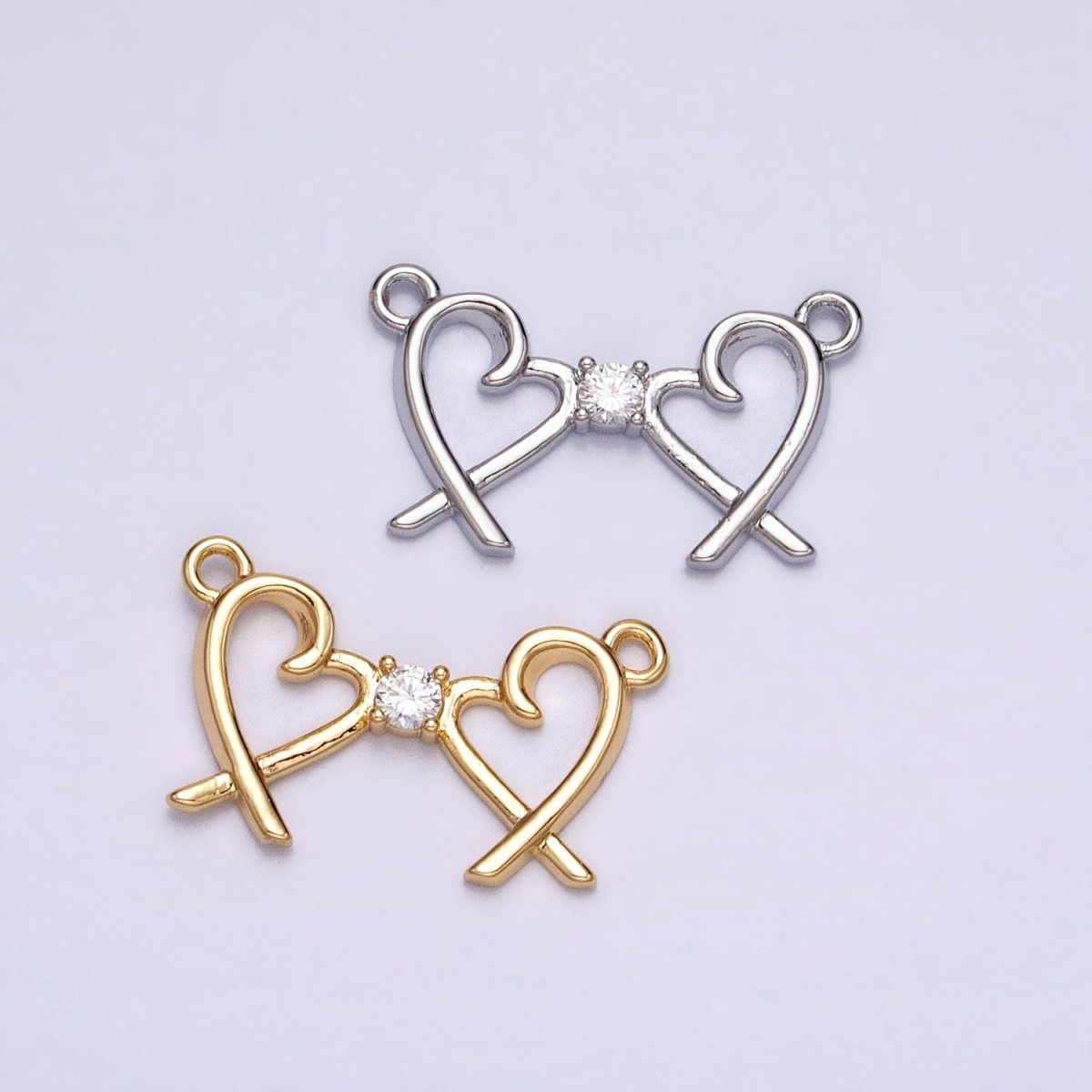 16K Gold Filled Clear CZ Double Heart Connector in Gold & Silver | AA1007 AA1008 - DLUXCA