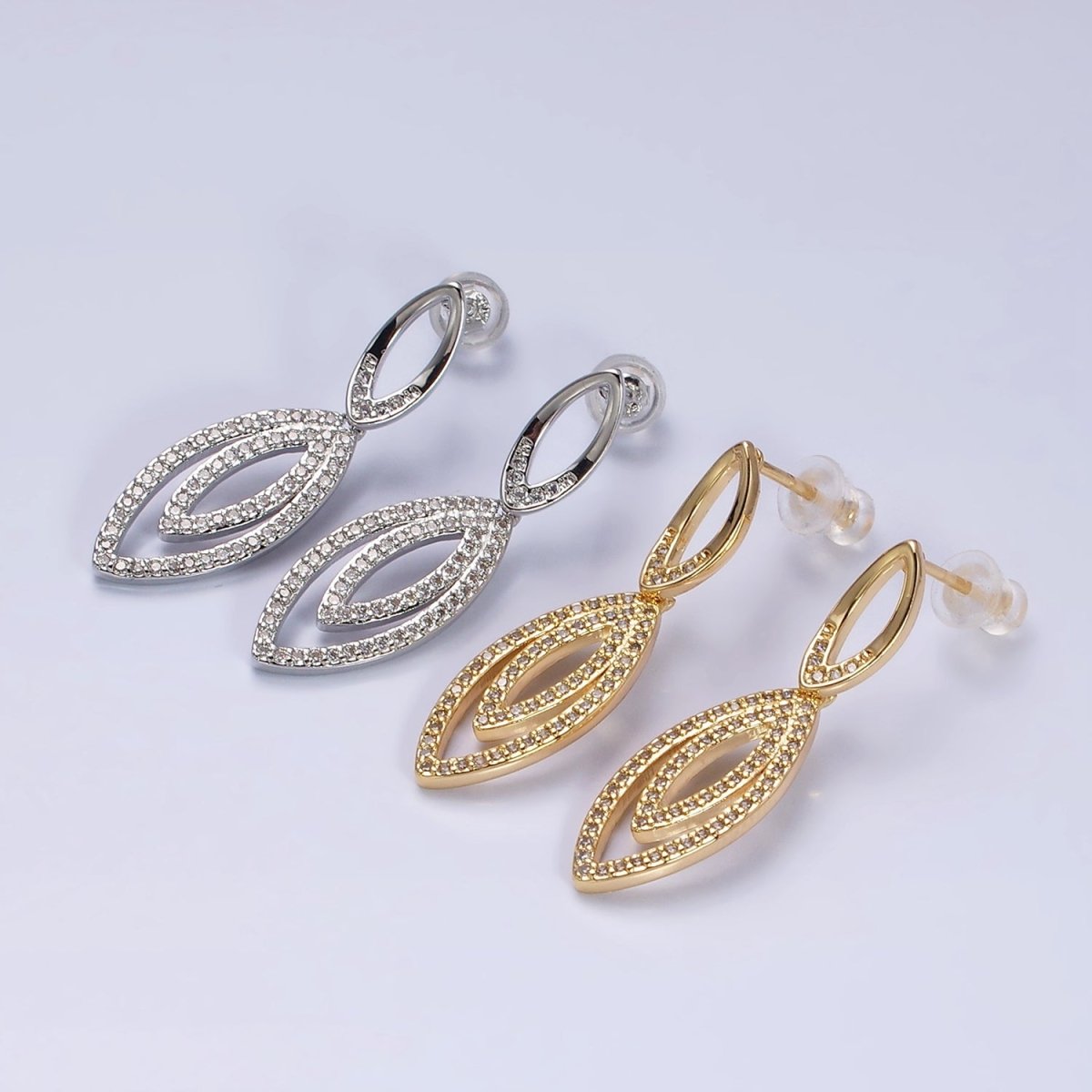 16K Gold Filled Clear CZ Double Sphere Geometric Stud Earrings in Gold & Silver | AD962 AD963 - DLUXCA