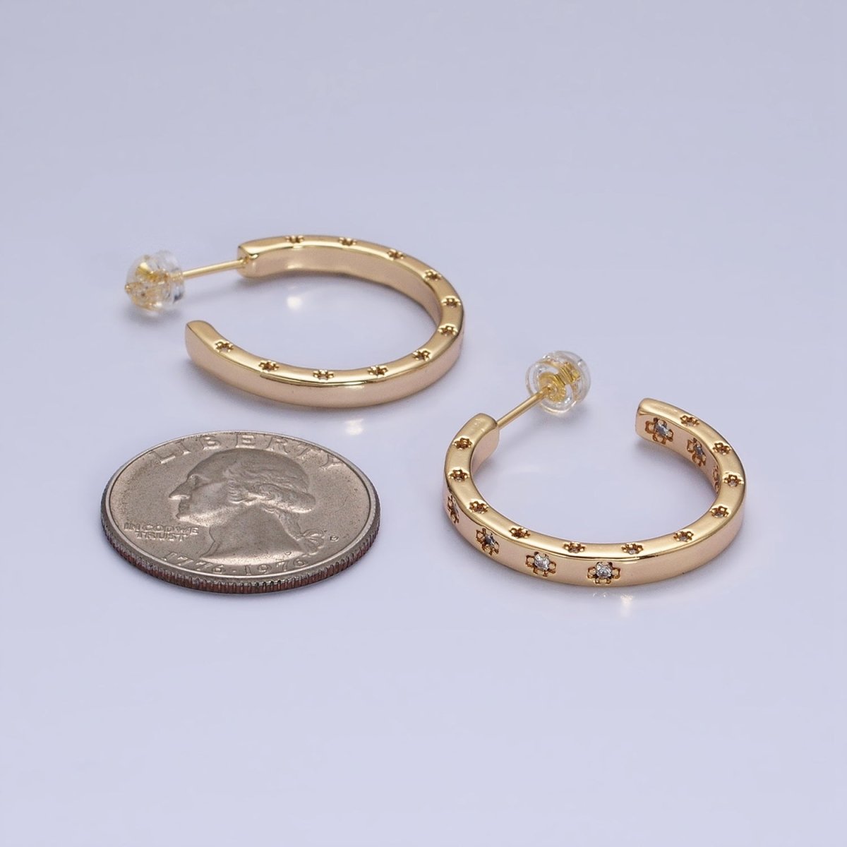 16K Gold Filled Clear CZ Flower Dotted Front-Facing C-Shaped Hoop Earrings in Gold & Silver | AD1302 AD1303 - DLUXCA