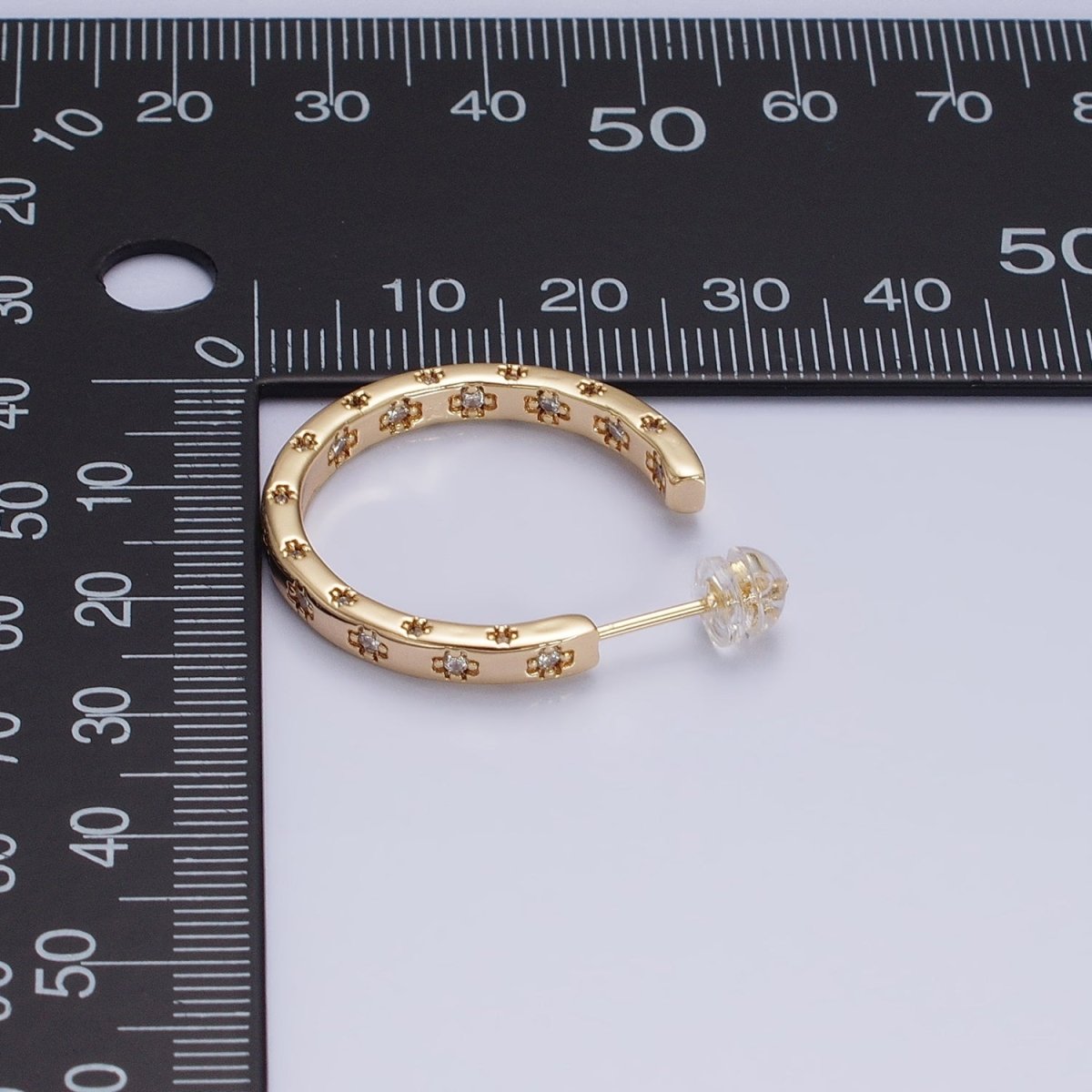 16K Gold Filled Clear CZ Flower Dotted Front-Facing C-Shaped Hoop Earrings in Gold & Silver | AD1302 AD1303 - DLUXCA