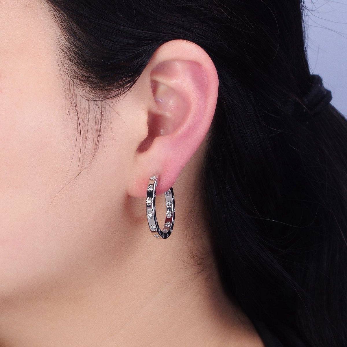 16K Gold Filled Clear CZ Flower Dotted Front-Facing C-Shaped Hoop Earrings in Gold & Silver | AD1302 AD1303 - DLUXCA