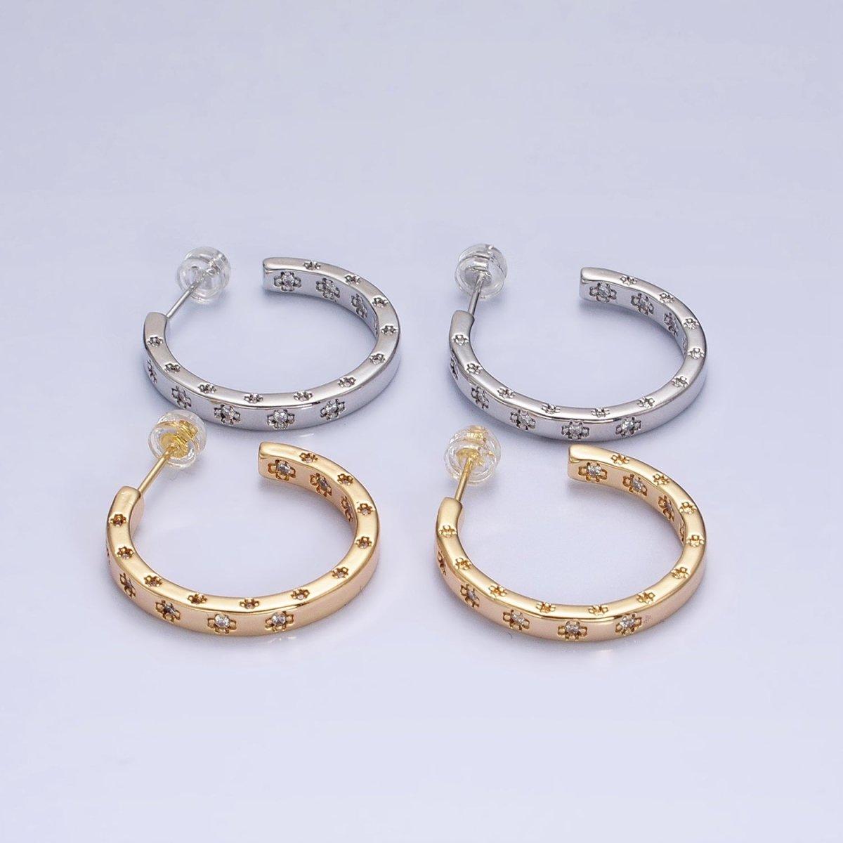 16K Gold Filled Clear CZ Flower Dotted Front-Facing C-Shaped Hoop Earrings in Gold & Silver | AD1302 AD1303 - DLUXCA