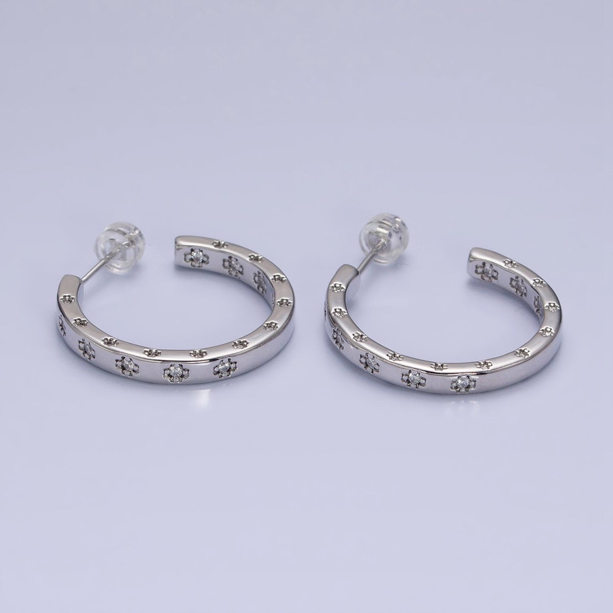 16K Gold Filled Clear CZ Flower Dotted Front-Facing C-Shaped Hoop Earrings in Gold & Silver | AD1302 AD1303 - DLUXCA