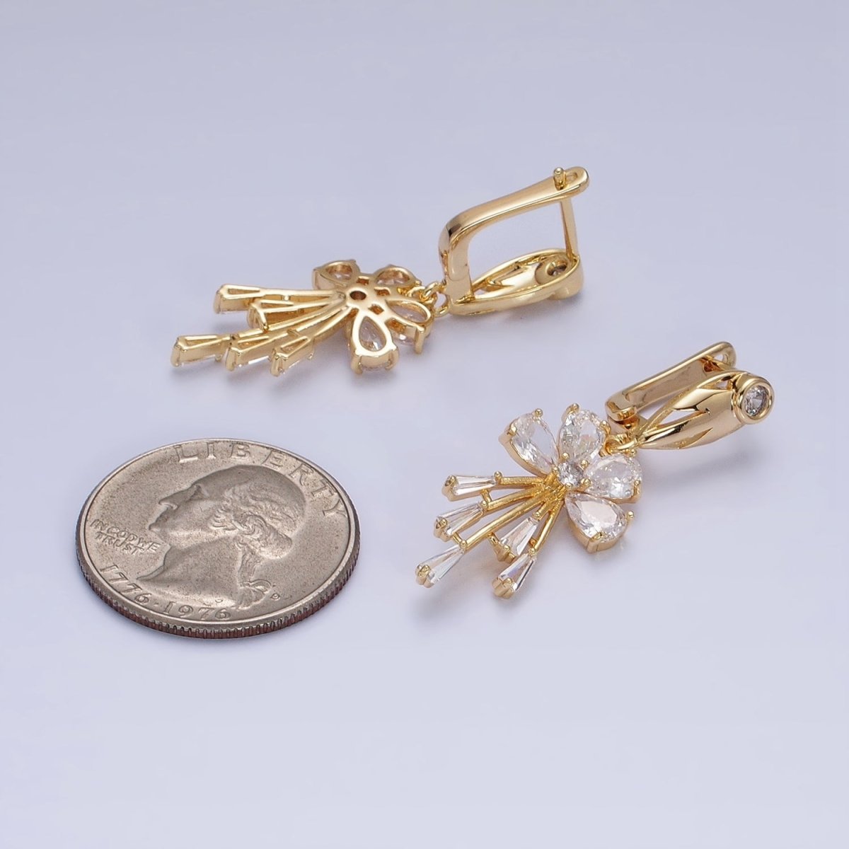 16K Gold Filled Clear CZ Flower Teardrop Baguette Drop English Lock Earrings in Gold & Silver | AD1287 AD1288 - DLUXCA