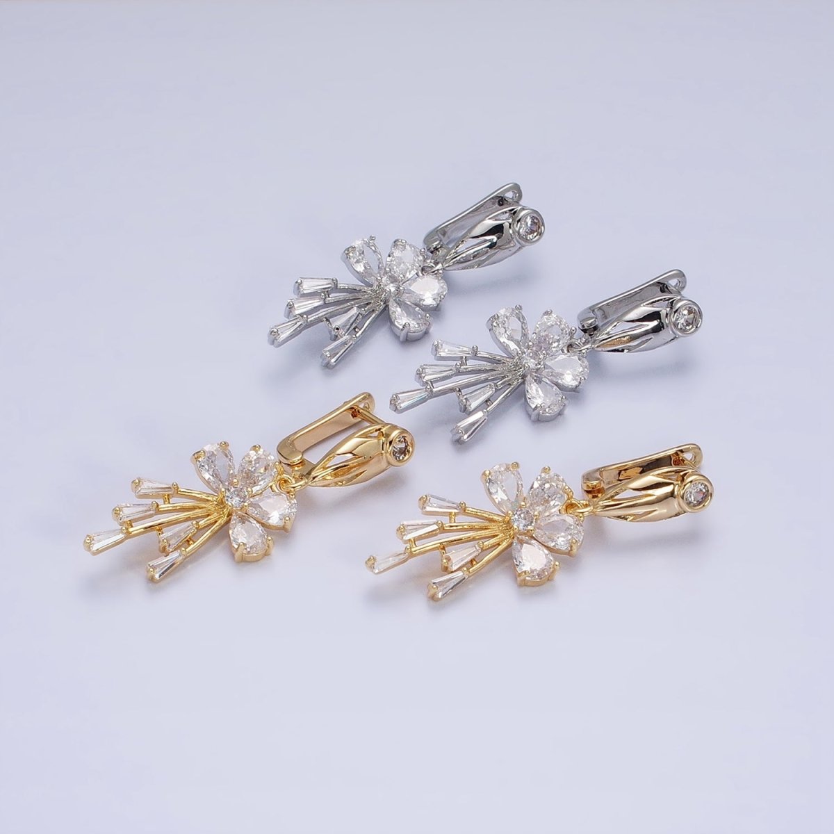 16K Gold Filled Clear CZ Flower Teardrop Baguette Drop English Lock Earrings in Gold & Silver | AD1287 AD1288 - DLUXCA