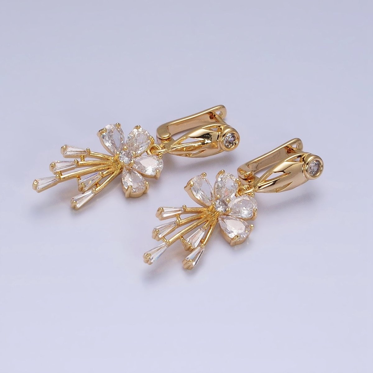 16K Gold Filled Clear CZ Flower Teardrop Baguette Drop English Lock Earrings in Gold & Silver | AD1287 AD1288 - DLUXCA
