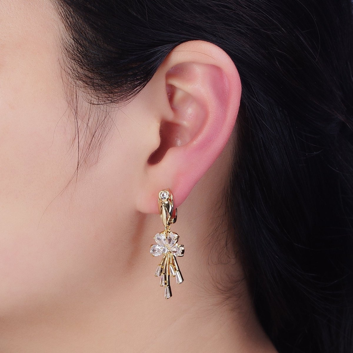 16K Gold Filled Clear CZ Flower Teardrop Baguette Drop English Lock Earrings in Gold & Silver | AD1287 AD1288 - DLUXCA