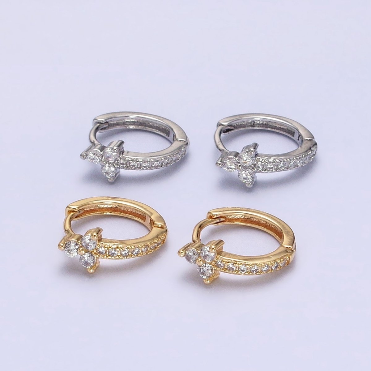 16K Gold Filled Clear CZ Lined Arrow Triple Flower 11mm Cartilage Huggie Earrings in Gold & Silver | AB1493 AB1494 - DLUXCA