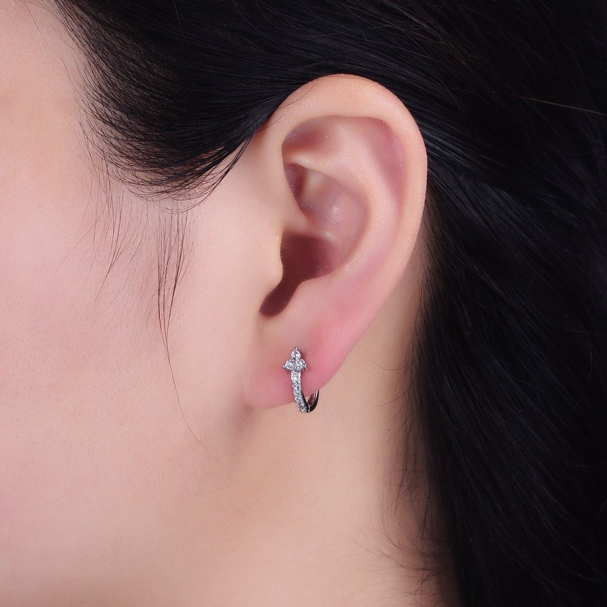 16K Gold Filled Clear CZ Lined Arrow Triple Flower 11mm Cartilage Huggie Earrings in Gold & Silver | AB1493 AB1494 - DLUXCA