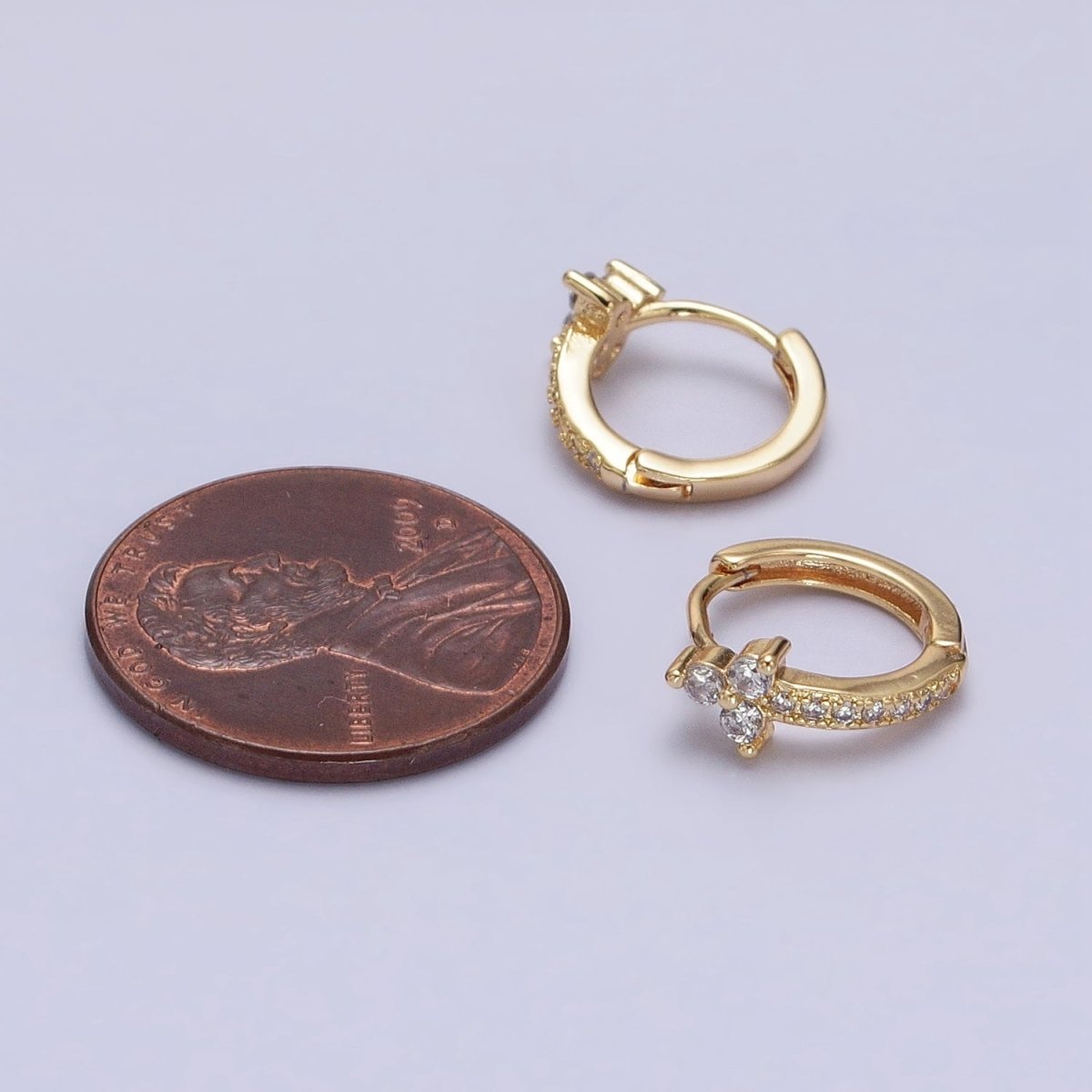 16K Gold Filled Clear CZ Lined Arrow Triple Flower 11mm Cartilage Huggie Earrings in Gold & Silver | AB1493 AB1494 - DLUXCA