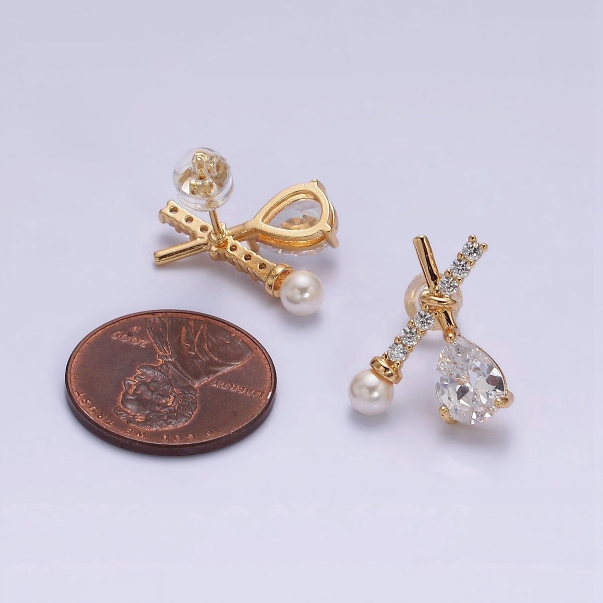 16K Gold Filled Clear CZ Micro Paved X Claw Double Band Stud Earrings | AE842 - DLUXCA