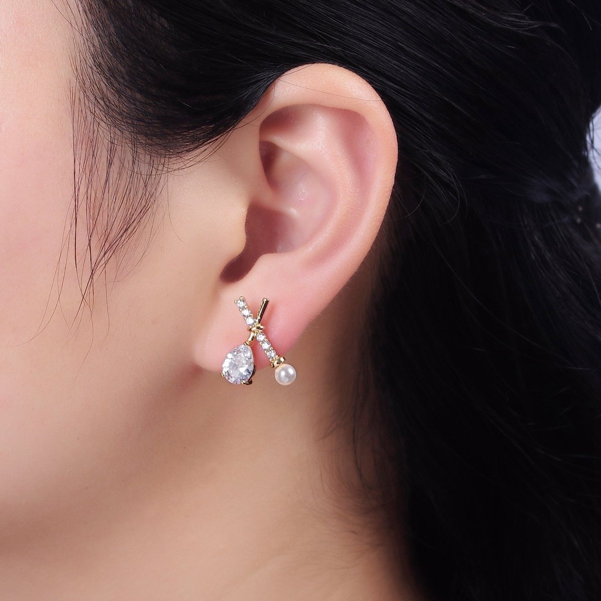 16K Gold Filled Clear CZ Micro Paved X Claw Double Band Stud Earrings | AE842 - DLUXCA