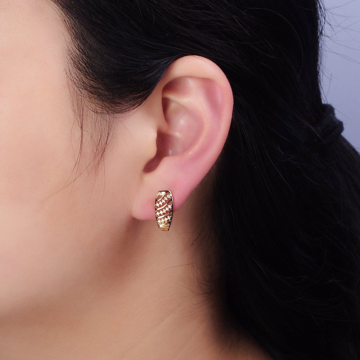 16K Gold Filled Clear CZ Multiple Band Open English Lock Earrings in Gold & Silver | AD837 AD838 - DLUXCA