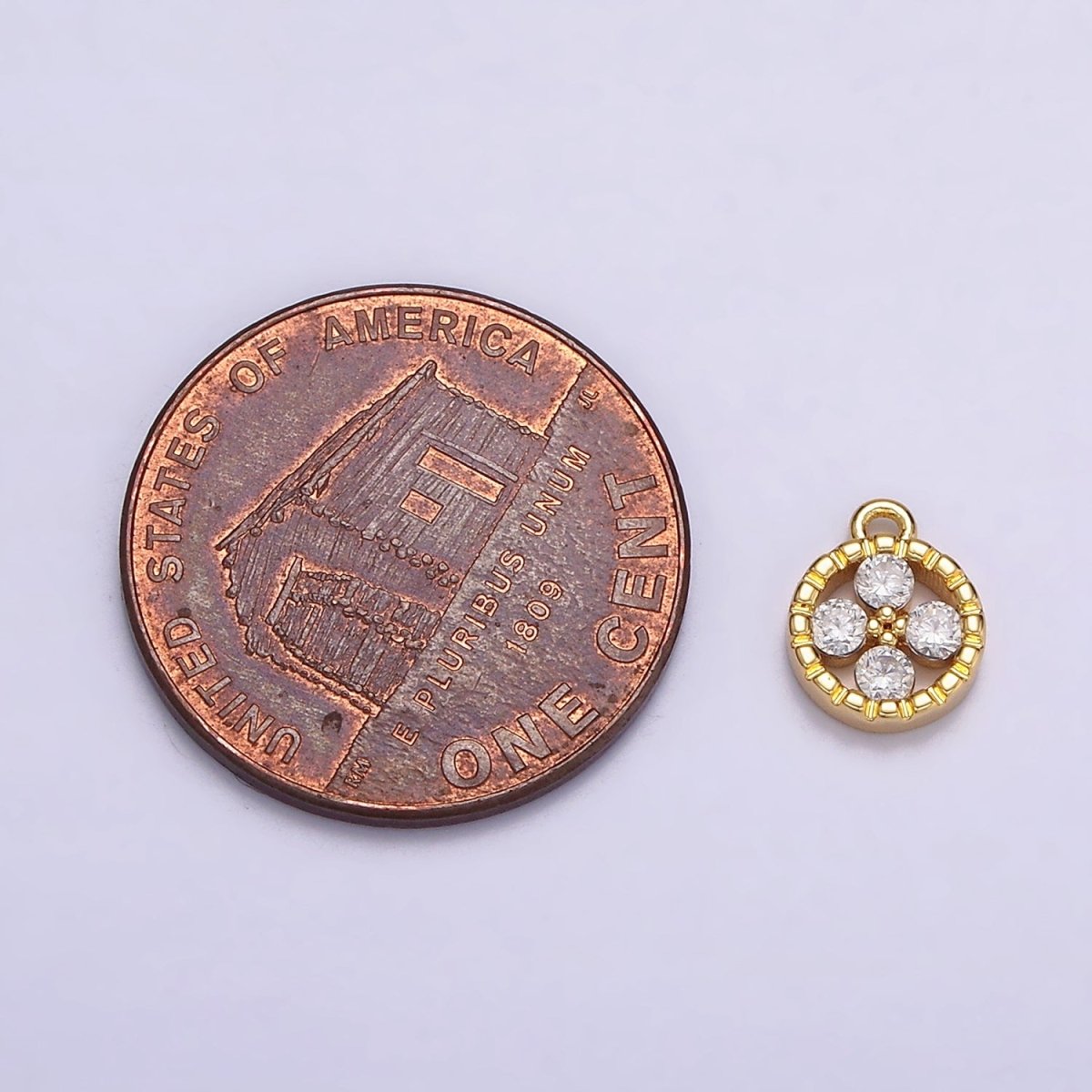 16K Gold Filled Clear CZ Quatrefoil Round Line-Textured Add-On Charm | N958 - DLUXCA